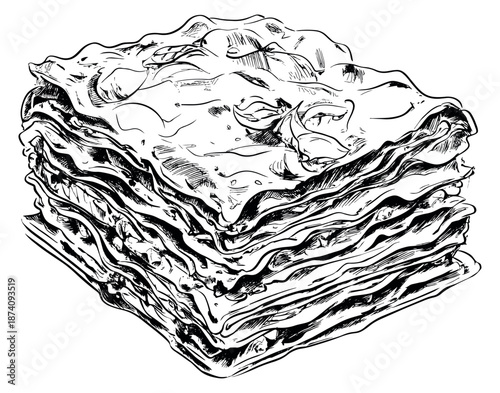 Hand drawn line art illustration of lasagna depicting a delicious layered Italian dish for food and restaurant designs