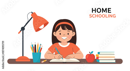 Happy young girl sitting at desk doing her schoolwork with books and lamp during homeschooling session at home on white background.
