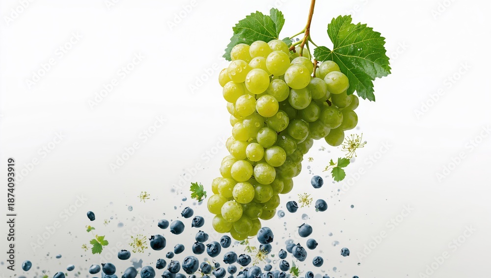Fototapeta premium Flying bunch of grapes isolated on white background suitable for health and nutrition layouts, World Nutrition Day