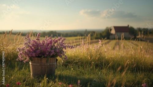 Vintage wooden bucket filled with fresh flowers for spring decoration, ideal for nature-inspired layouts, Earth Day