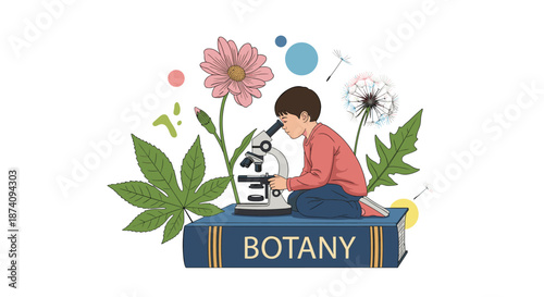 Little boy sitting on a botany book and using microscope to study flowers and leaves in a creative education concept image.