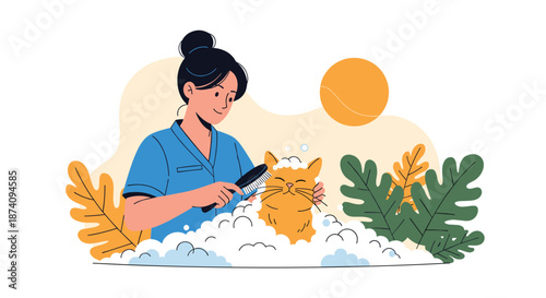 Young woman washing a ginger cat in a bathtub with soap bubbles and using a brush for grooming in a garden background.