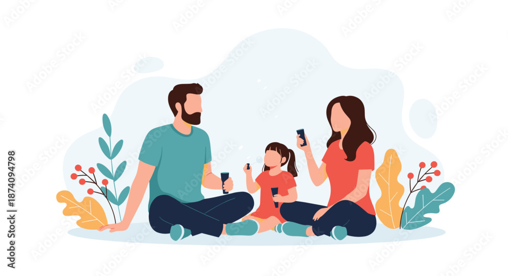 Fototapeta premium Happy family with a young daughter enjoys a sunny day at the park while sitting on the grass and playing with soap bubbles.