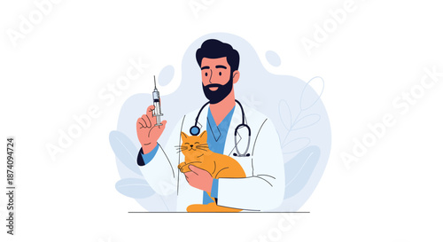 Professional male veterinarian in white coat holding a syringe and a ginger cat for medical treatment in a clinic.