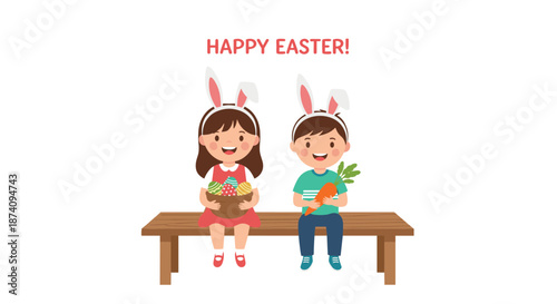 Happy young children wearing white bunny ears celebrate spring holiday while sitting on a garden bench with colorful easter eggs.