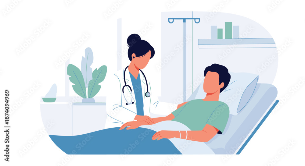 Obraz premium Professional female doctor in a white medical coat and stethoscope checks the heart rate of a young male patient in a hospital room.