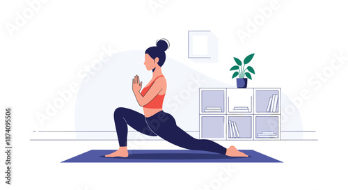 Young woman in athletic clothing practices a low lunge yoga pose on a mat in her modern apartment with a bookshelf in the background.