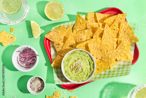 Mexican nachos with creamy guacamole dip