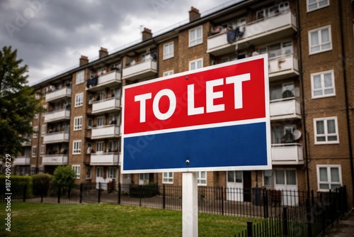 A to let sign displayed prominently in front of urban council housing flats under a cloudy sky