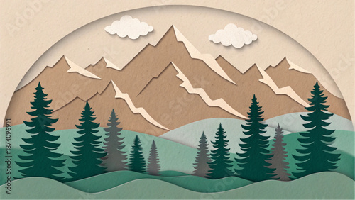 Simple paper cut landscape of mountains and forest in earth tones.