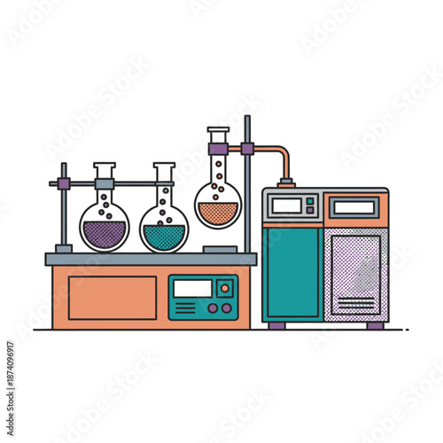 Laboratory equipment with flasks and scientific apparatus.