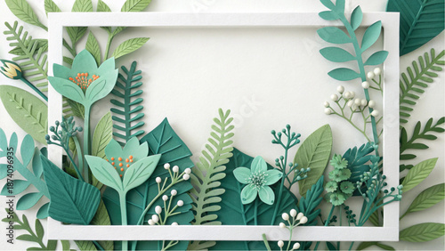 Handcrafted paper art frame with teal flowers and vibrant green leaves.