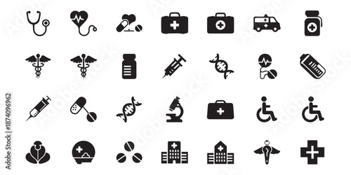 Healthcare Icon Set. Healthcare Routine. Solid icon set of Healt, Hospital administration solid icon set. Medical services, healthcare management icons.Medical and healthcare solid icon set vector 