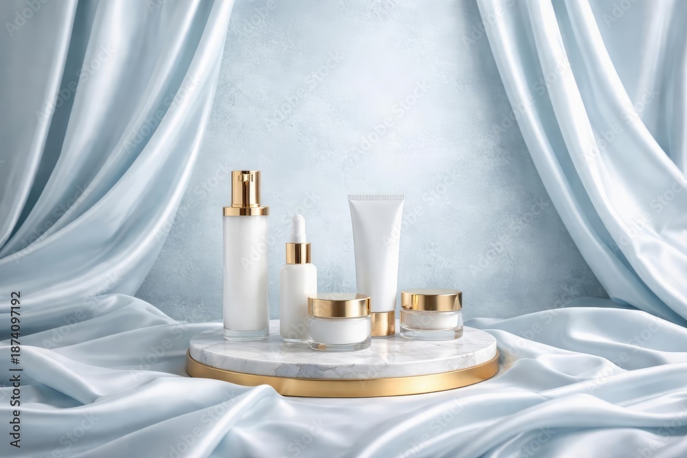Fototapeta premium Luxurious fabric draped display with cosmetic presentation space on a pale blue textured background