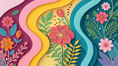 Elegant paper art floral arrangement featuring pink blooms and teal waves.