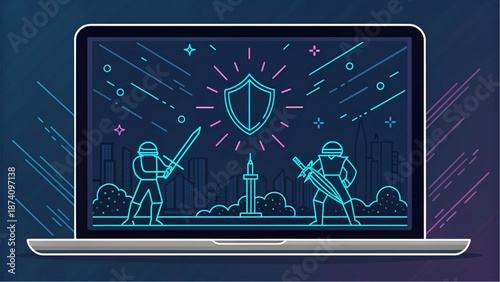 Cyber security concept showing neon knights guarding a shield on a laptop.
