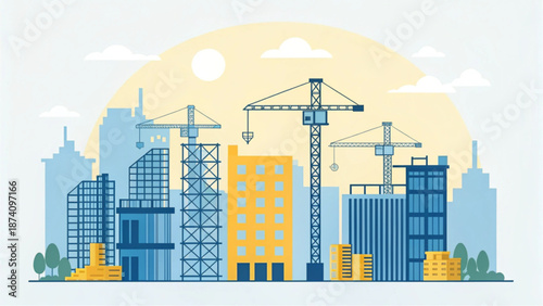 Flat design illustration of a city construction site with yellow cranes.