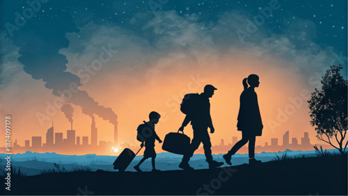 Silhouette of a family migrating with suitcases against a polluted city sunset.