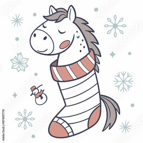 Vector illustration of a Shy Horse with snuggled in a sock, styled in a Winter theme using Winter Wonderland colors