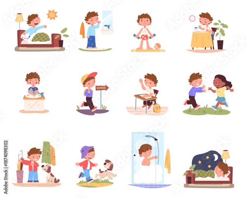 Boy daily routine. School kid day schedule, everyday regime morning toilet hygiene brushing teeth breakfast shower education play sleep child life time classy vector illustration
