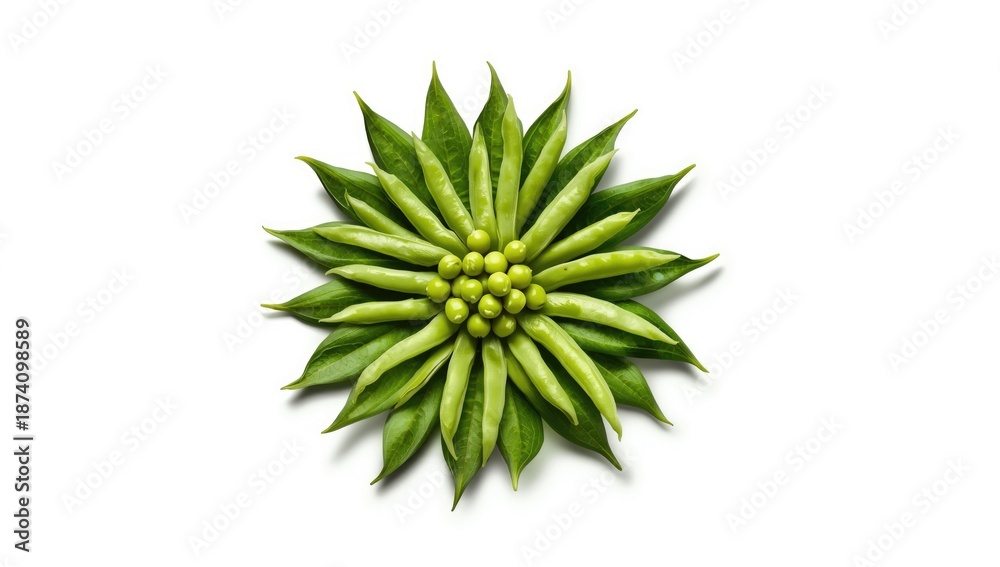 Fototapeta premium Fresh green chickpeas in pods with leaves, emphasizing sustainable harvesting practices