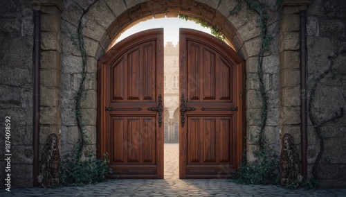 Rustic wooden doors of a medieval castle, aged wood texture preservation efforts