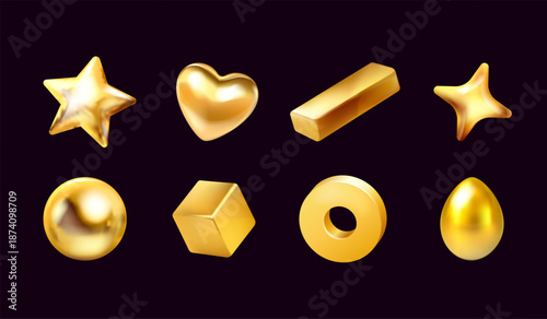 3d golden figures. Realistic gold geometric flying shapes, inflated balloon bubble or plastic elements y2k abstract figures star sphere ball glossy form, exact vector illustration