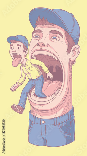 Man being swallowed by a giant mouth illustration.