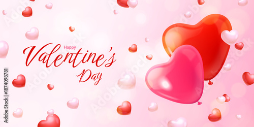 Realistic valentine day banner. 3d hearts balloons romantic love event party poster decoration, red heart gift inflated balloon brochure background, exact vector illustration