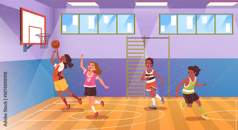 Naklejka premium Kids basketball gym. Children playing basketball game in school court, kid boy throw ball in basket hoop child sport team little athlete player, cartoon classy vector illustration