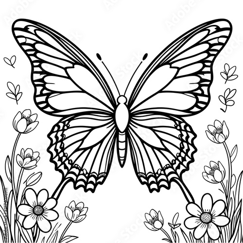 Butterfly with flowers coloring page design