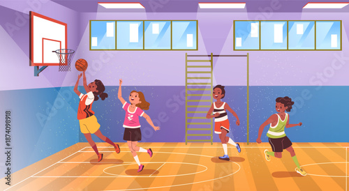 Kids basketball gym. Children playing basketball game in school court, kid boy throw ball in basket hoop child sport team little athlete player, cartoon classy vector illustration