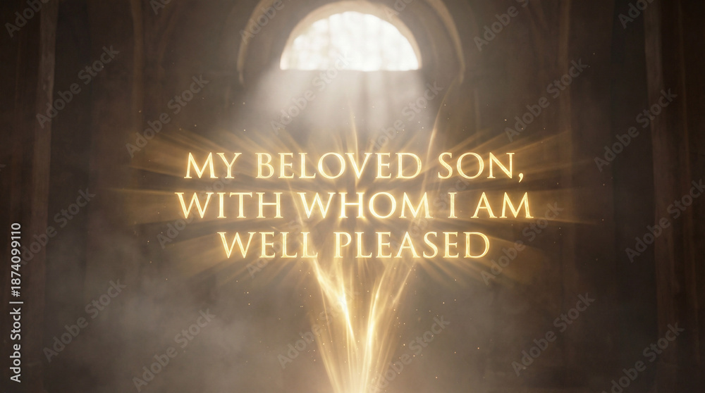 Fototapeta premium Golden text of biblical scripture My Beloved Son with Whom I Am Well Pleased. Divine light rays in ancient stone church background. Religious concept of the baptism of Jesus and holy spirit