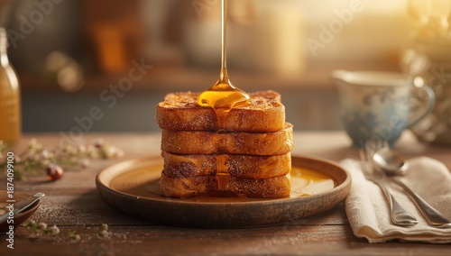 Sweetened French toast with honey glaze on a rustic wooden dish, ideal for breakfast layout