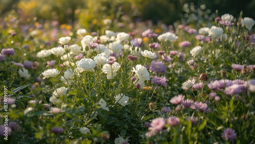 Colorful floral arrangements and white roses in a summer garden background, used for nature-related UI backdrop