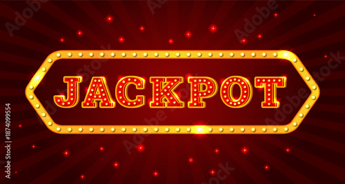 Jackpot light bulb banner. Big win casino slot machine game screen background, retro signboard style shining bulbs lamp prize winner vintage vegas letter, kicky vector illustration