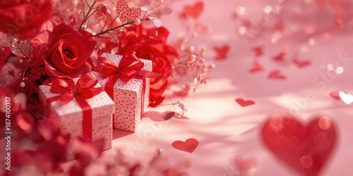 Valentine's Day gift boxes arranged with red flowers and heart-shaped accents on a pink background, love celebration