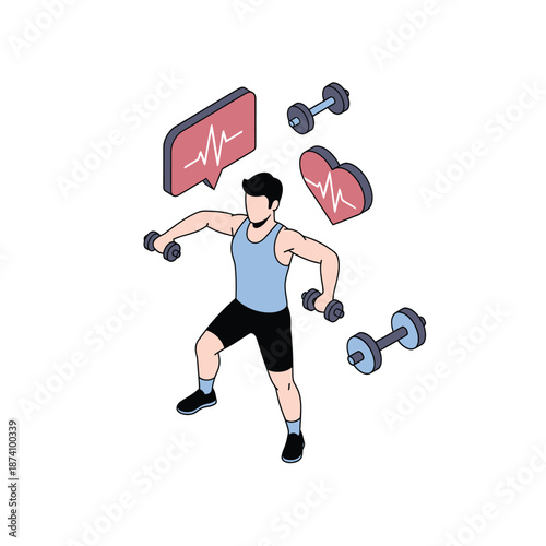 Man exercising with dumbbells and health symbols.
