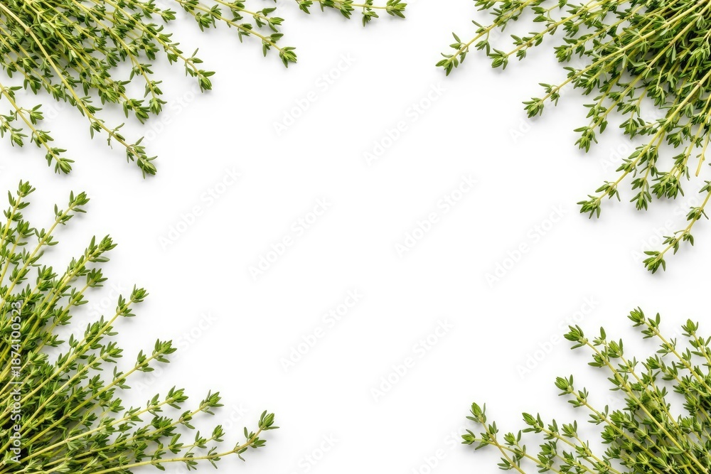 Naklejka premium white studio background with fresh thyme herb sprigs for copy space