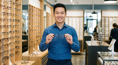 Smiling Asian man optician holding glasses in optical store with shelves. Vision care and eyewear retail business