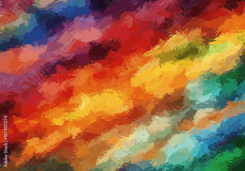 Vibrant thick brushstrokes in a spectrum of rainbow colors create an energetic textured abstract painting