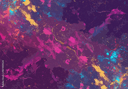 Grungy abstract background contains vibrant magenta splatters and cyan paint drips over deep purple surface
