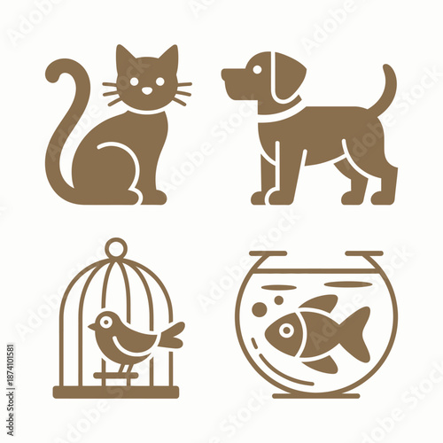 Cat, dog, bird in cage, and fish in bowl brown color silhouette icon set vector illustration