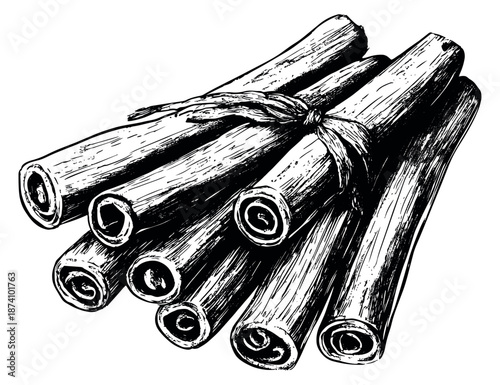 Hand drawn line art cinnamon sticks set featuring a tied bundle for cooking and aromatherapy