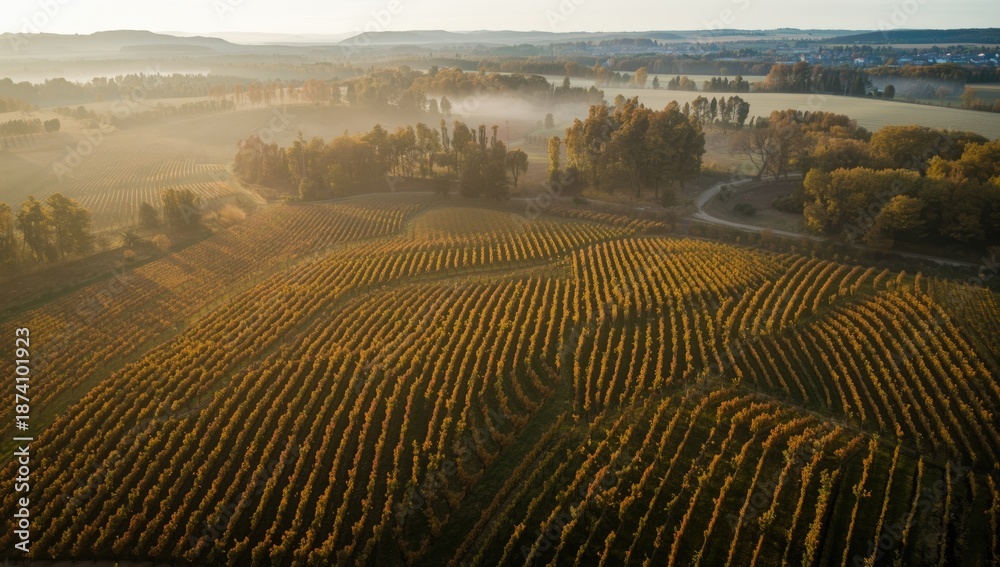 Naklejka premium Drone perspective of Bordeaux vineyard and woodland during autumn dawn, highlighting landscape transformation