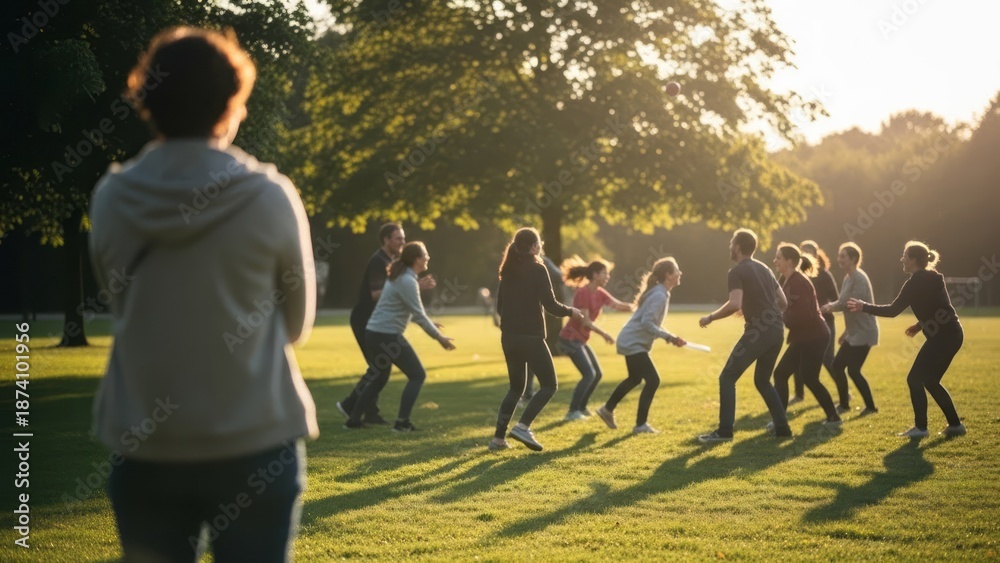 Obraz premium Group of People Playing in Park Outdoor Group Activity Sunset. Concept featuring outdoor, park, group activity, sunset, people.