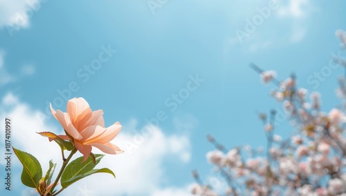 Single peach blossom on a springtime tree, suitable as a nature-themed layout backdrop, Earth Day