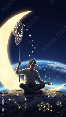 Dreamy Astronomer Collecting Stars Astronomy Moon Constellations. Concept featuring astronomy, stars, moon, constellations, space.