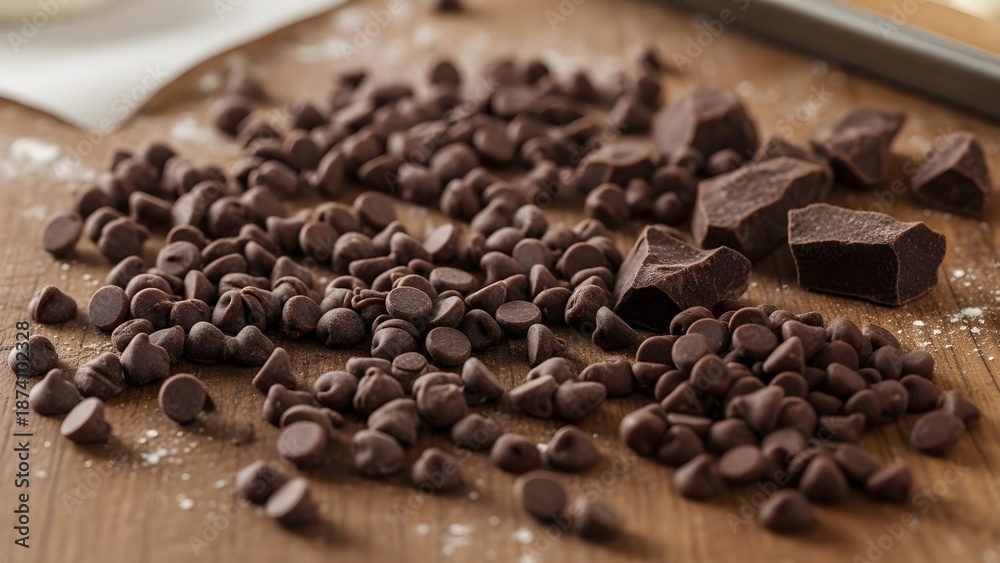 Fototapeta premium Chocolate chips and pieces on wood surface