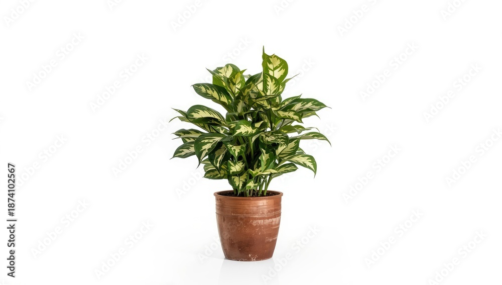 Obraz premium Decorative variegated Laurel shrub in a brown container, isolated on white for horticultural use